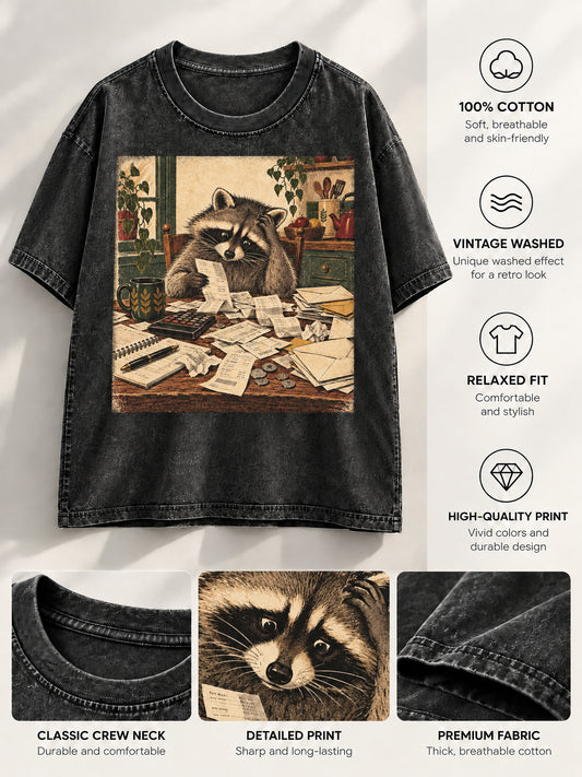 Flat lay of vintage washed dark raccoon graphic t-shirt with detailed zoom-ins of the neckline, print, and fabric texture