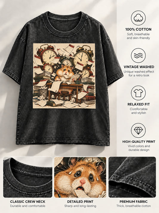 Washed black t-shirt featuring busy hamster and alarm clocks artwork with detail callouts