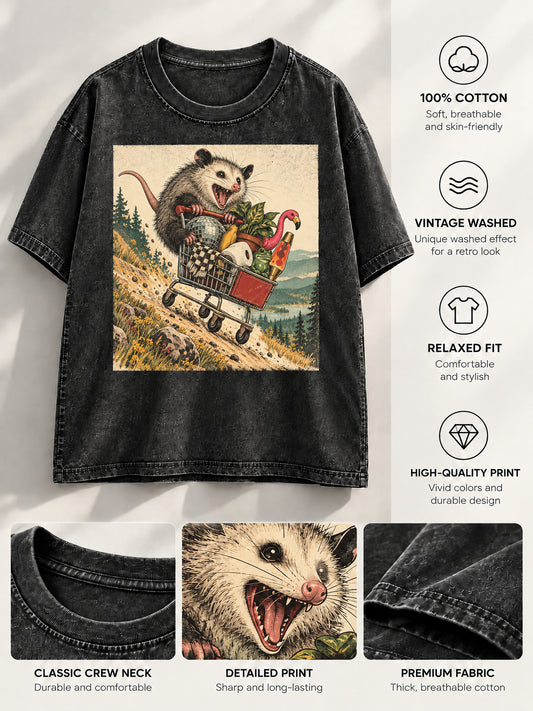 Black crewneck t-shirt flat lay with fabric and print quality details