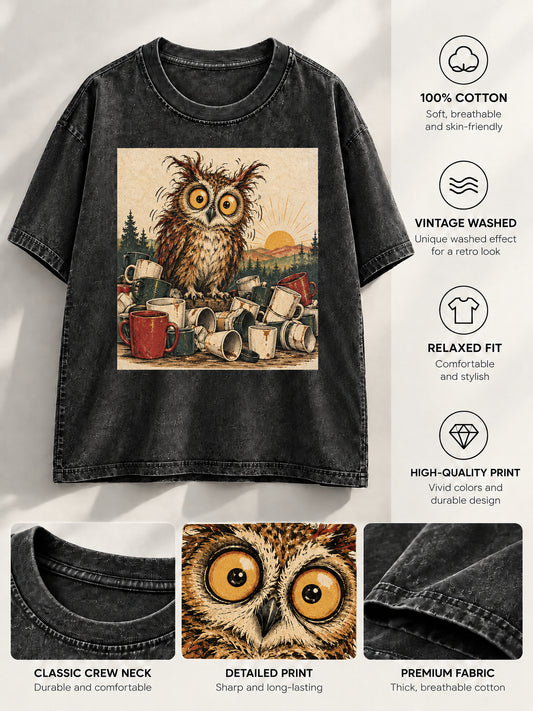Flat lay black t-shirt featuring an owl on coffee mugs with fabric detail closeups