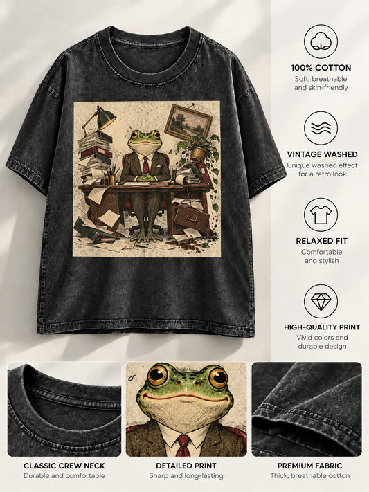 Black crewneck t-shirt featuring an office frog artwork with detailed feature callouts