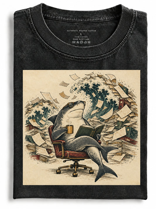 Folded black washed t-shirt featuring a shark sitting in an office chair reading a book with a crashing wave background