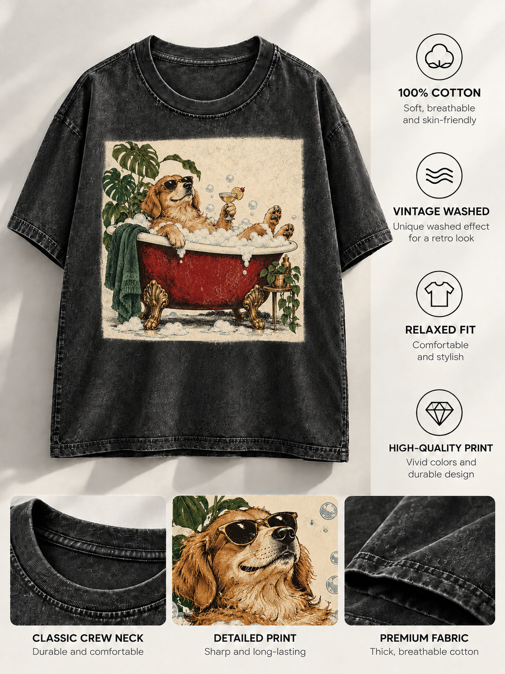 Black t-shirt with golden retriever bubble bath print alongside detail views of the neckline, graphic, and fabric