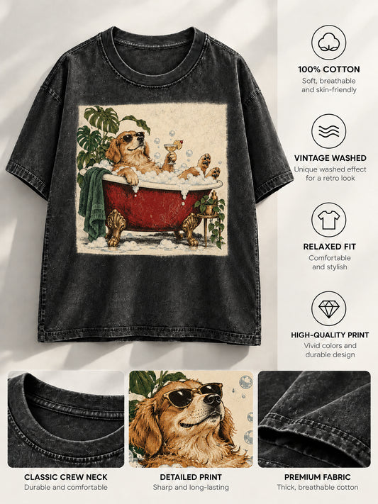 Black t-shirt with golden retriever bubble bath print alongside detail views of the neckline, graphic, and fabric