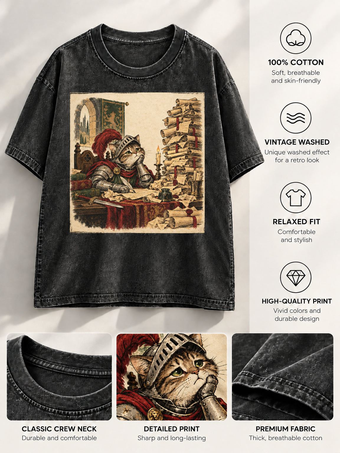Washed black t-shirt display and close-up fabric details with knight cat artwork