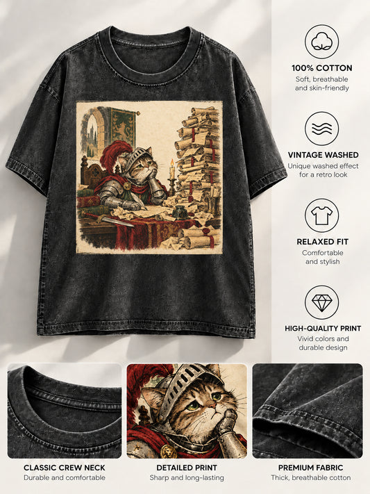 Washed black t-shirt display and close-up fabric details with knight cat artwork