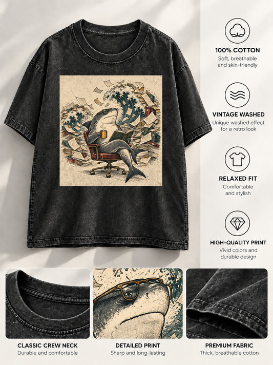 Flat lay washed black t-shirt with shark reading artwork and detailed fabric close-ups