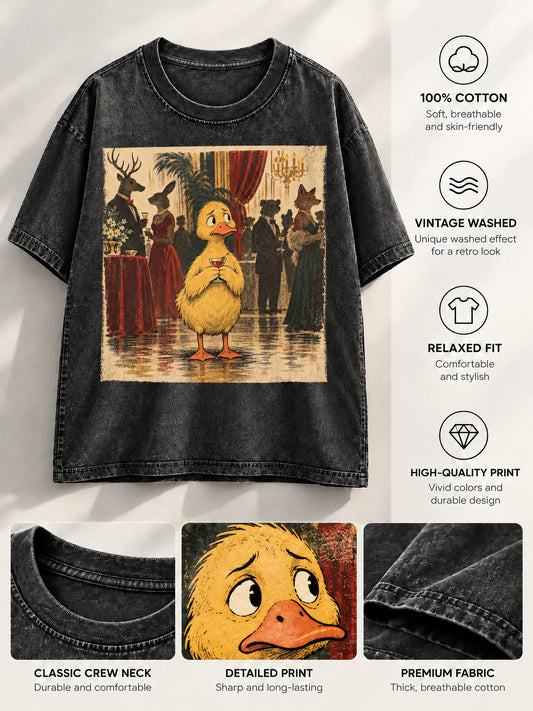 Flat lay black T-shirt with duckling ballroom artwork and detailed fabric close-ups