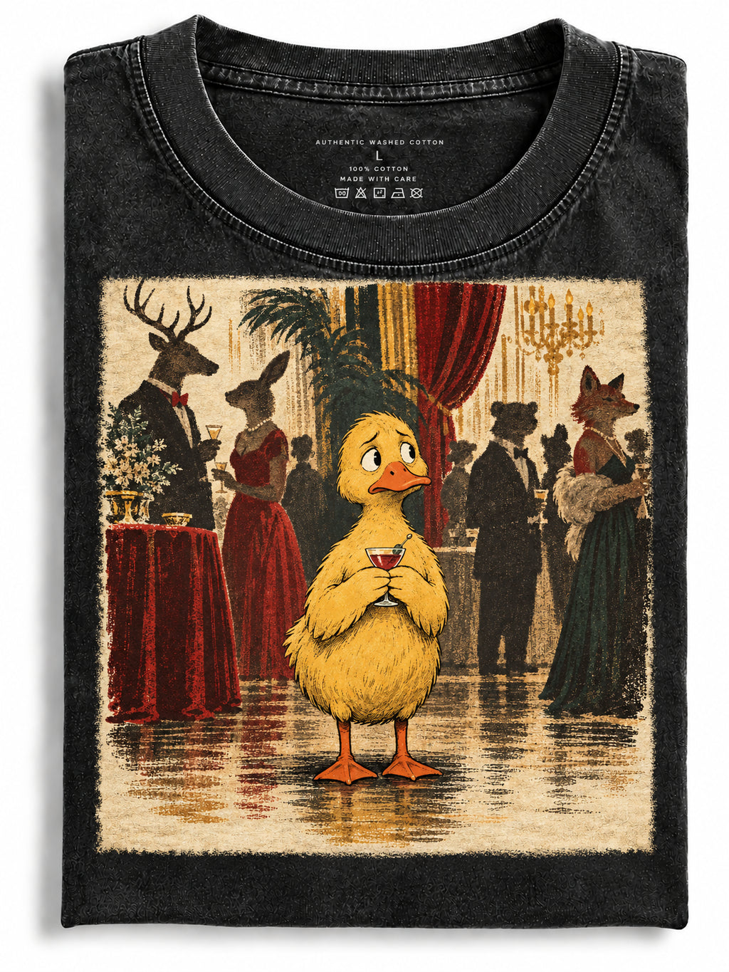 Folded black washed T-shirt featuring a duckling standing at a formal animal ball