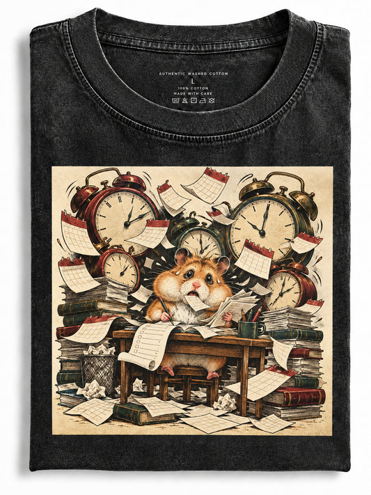 Folded washed black t-shirt with busy hamster desk print